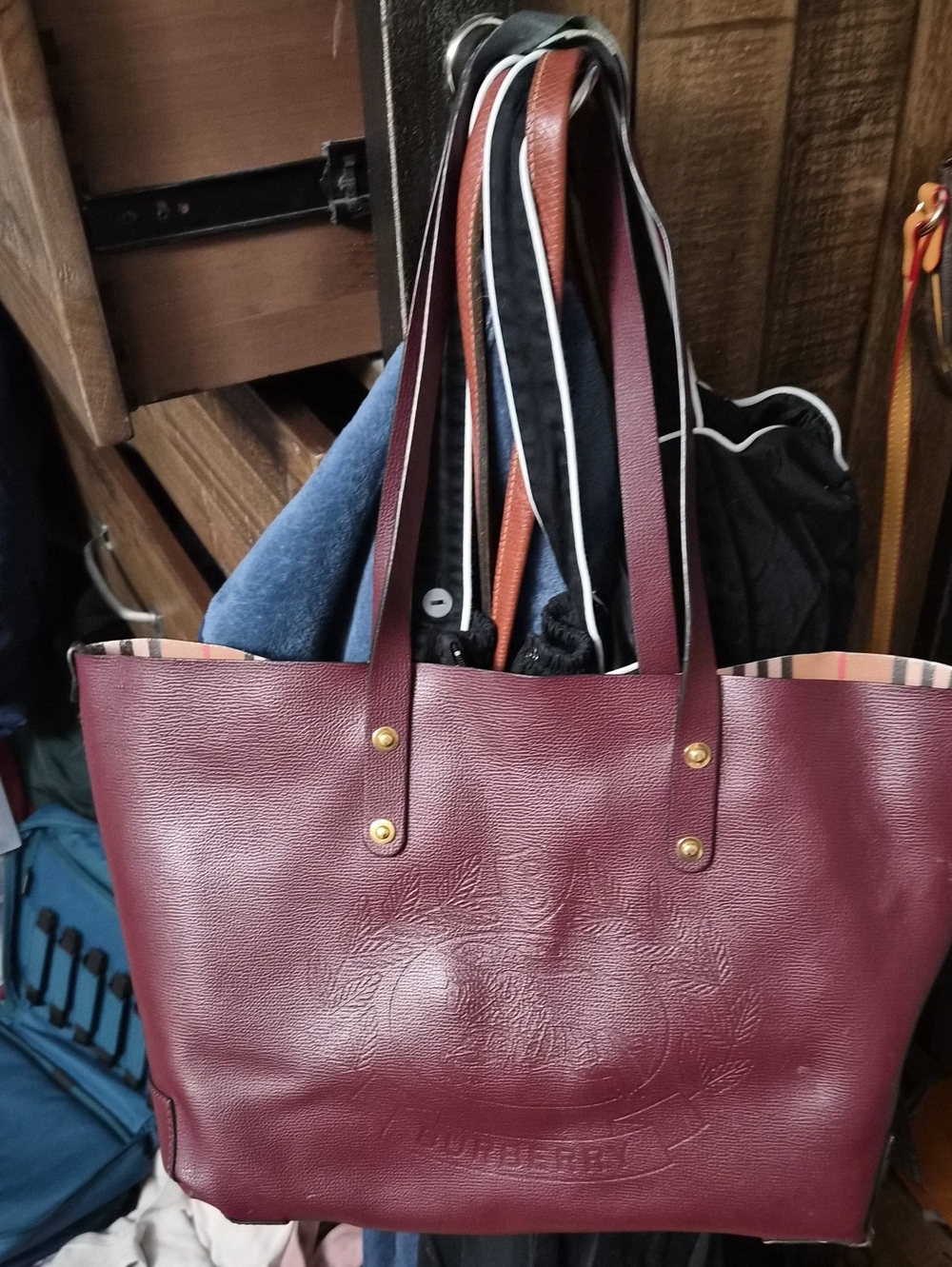Burberry Burgundy Leather Tote with Check Lining and Gold-Tone Hardware